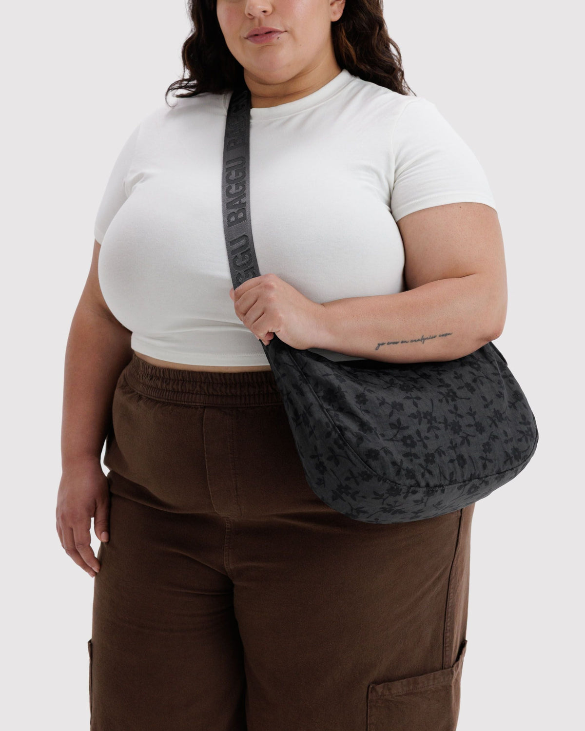 Medium Nylon Crescent Bag - Charcoal Ditsy Floral